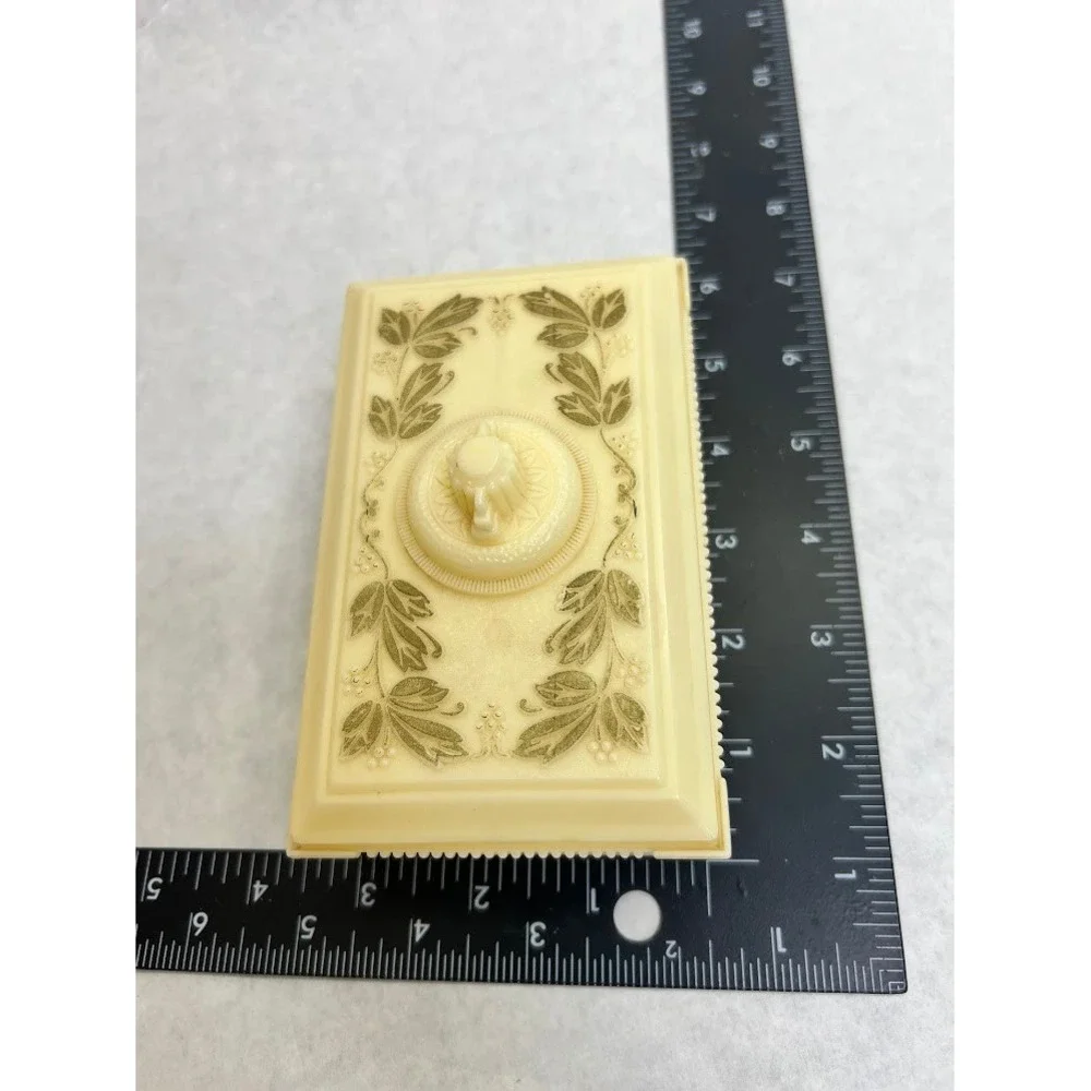 Vintage Cream Celluloid Trinket Box Green Leaf Floral Jewelry Vanity Case 4.5in